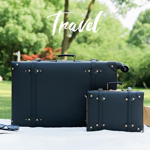 urecity Vintage Travel Suitcase Set with Digital Lock Luxury Cute Retro Cabin Luggage Sets 4 Wheels Suitcase (Black, S(12")+L(26"))