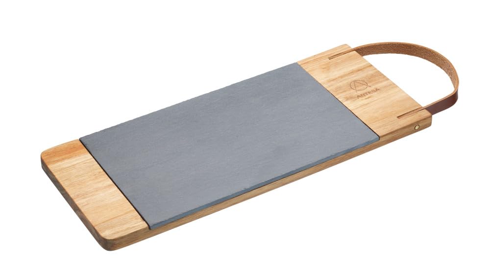 Artesà Rectangular Serving Platter, Wooden Tray with Leather Strap and Removable Slate Serving Board, Ideal Cheese Board or For Dinner Party Nibbles, 47 x 16 cm (18.5 Inch x 6½ Inch) - Metallic/Brown