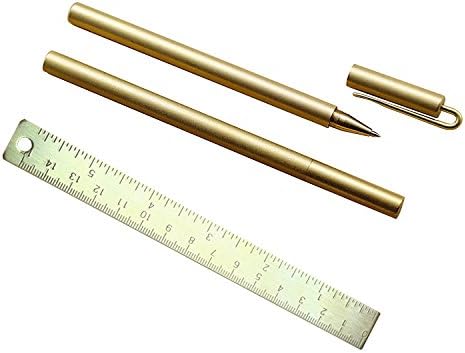 2pcs Brass pen,Gel pen with brass ruler free 6pcs refill