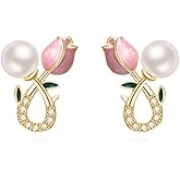 Reffeer Solid 925 Sterling Silver Pink Flower Stud Earrings for Women Teens Spring Flower Stud Earrings Pearls