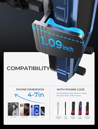 LISEN 2025 Car Phone Mount, Phone Holders for Your Car [Thick Cases Friendly] Car Phone Holder Air Vent Wider Clamp & Metal Hook Cell Phone Car Mount for iPhone Pro Max Samsung Smartphones