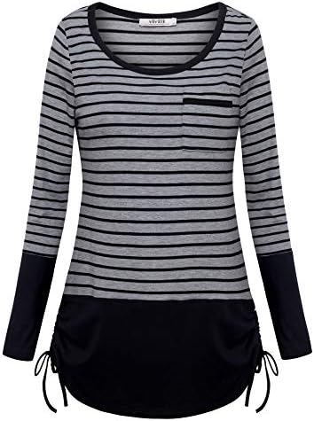 Vivilli Women's Long Sleeve Striped Tunic Side Drawstring Patchwork Shirts