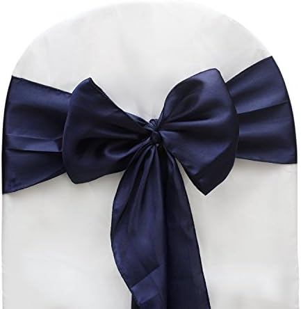 Om Textiles Navy Blue Color Satin Chair Sashes Bow Sash for Wedding and Events Supplies Party Decoration Chair Cover Sash
