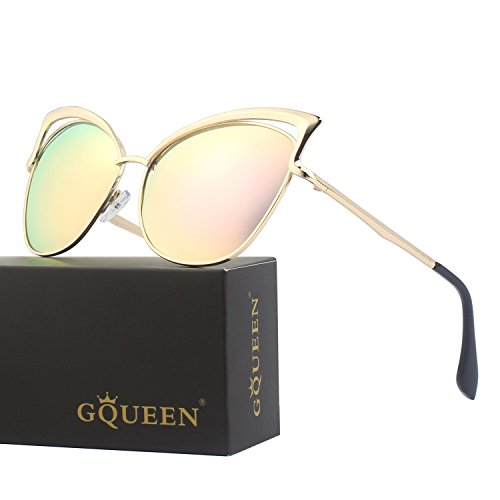 GQUEEN Women's Oversized Mirrored Metal Frame Polarized Cat Eye Sunglasses MT3