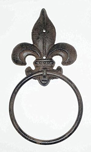 "ABC Products" - Heavy Cast Iron - Towel Ring - With Vintage Style Fluer-de-lis At The Top - Use For Hanging Towels, Wash cloth and Etc. - (Rustic Aged Cast Finish - Wall Hung With Two Screws)