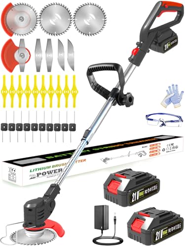 Electric Weed Wacker Grass Trimmer Cordless with 2 Battery Powered and Charger, 21V Battery Operated Weed Wacker, 5 Types 26Pcs Blade 3 in 1 Stringless Weed Trimmer Edger Brush Cutter for Lawn Garden