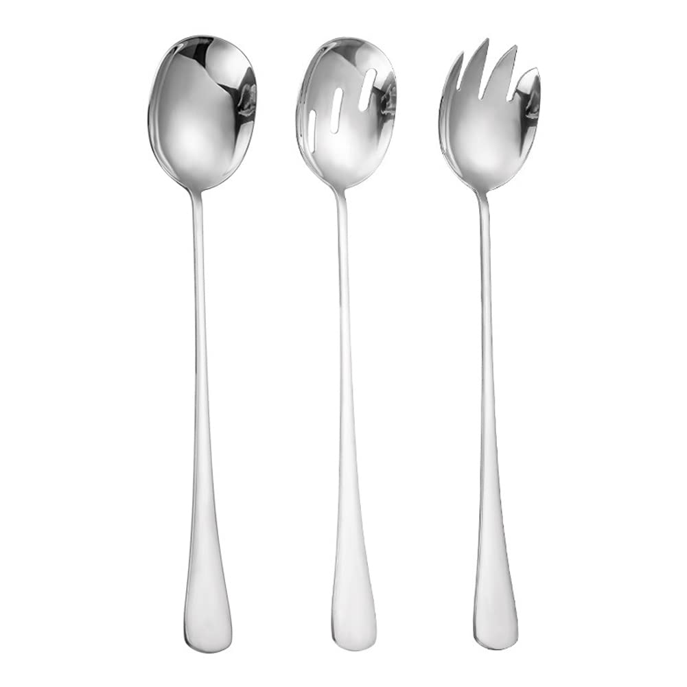 ARFUKA Salad Servers Salad Serving Sets Stainless Steel 11" Buffet Salad Spoon and Salad Fork Dishwasher Safe Large Metal Serving Utensils Silver, Set of 3