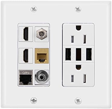 IMONTA Power Outlet 15A with Dual 2.4A USB charger Wall Plate with LED lighting, 2 HDMI HDTV + CAT3 RJ11 CAT6 RJ45 Shielded Ethernet + Coaxial TV F Type Keystone Face Plate