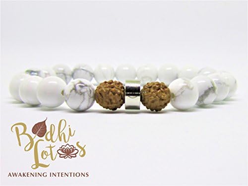 Genuine Howlite Bracelet White Bracelet Howlite Gemstone Mala Bracelet Natural Howlite Meditation Yoga Howlite Mala Bracelet Howlite Jewelry with Rudraksha Seed or Bodhi Tree Seed