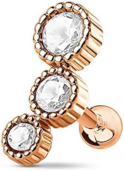 TrybeLife Three Round-Set CZ Tragus/Cartilage Barbell. (Rose Gold/Clear)