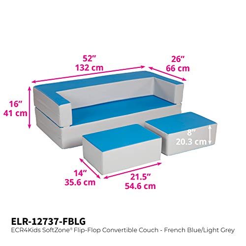ECR4Kids SoftZone Flip-Flop Couch Convertible Foam Loveseat for Kids, French Blue and Light Grey - Thumbnail 2