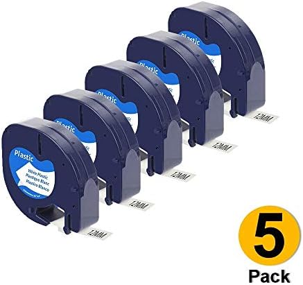 Airmall 5-Pack Replace DYMO LetraTag Plastic TapeRefills 91331 Black Print on White, Compatible with DYMO LetraTag Plus LT100H LT100T QX50 Label Maker, 1/2 Inch x 13 feet (12mm x 4m)