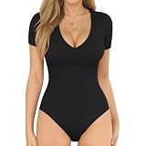 MANGOPOP Women's V-Neck Short Sleeve Bodysuit - Rayon/Spandex Basic Top (White, Small)