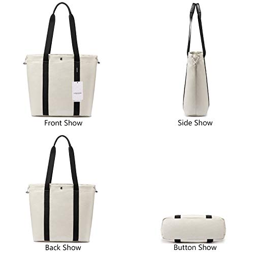 LOVEVOOK Canvas Shopper Damen Handtasche Schultertasche Umhängetasche Einkaufen Arbeiten Schule Reisetasche PU-Griff Schrumpfseil Henkeltasche Cremeweiß