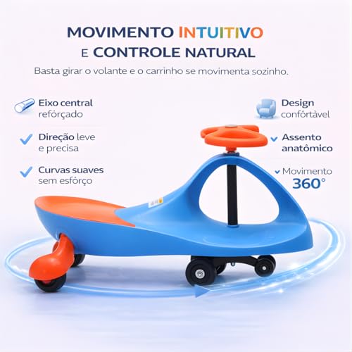 Carrinho Gira Gira Infantil Twist Rolimã, Movimento por Balanço do Volante, Suporta até 70 kg (Azul/Laranja)