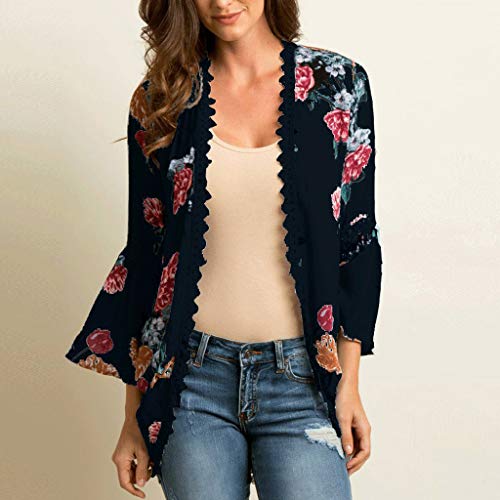 iYBUIA Womens Casual Solid Lace Three Quarter Flare Sleeve Chiffon Cardigan Loose Kimono Blouse Tops