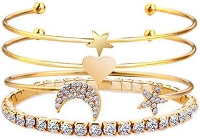 Muranba Women Girls Simple Hand Chain Heart Shaped Five Pointed Star Moon Bracelet Set (Gold)