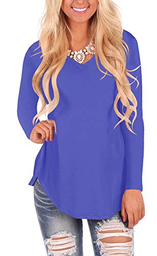 WFTBDREAM Womens Long Sleeve Irregular Hem Shirt V Neck Plus Size Blue 2XL