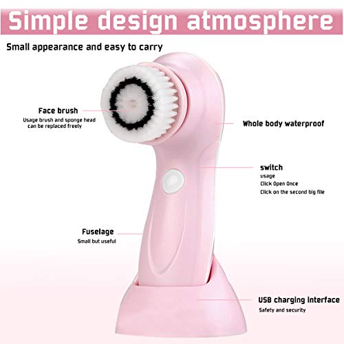 Gackoko Facial Cleansing Brush- Latest advanced cleasing Technology & 3 Brush Heads-USB Rechargeable Electric Rotating Face- IPX7 Waterproof-Advanced Face Spa System for Exfoliating Deep clease (Pink)