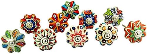 Om Creation Set of 10 Pcs Designed Ceramic Cupboard Cabinet Door Knobs Drawer Pulls & Brass Hardware | Ceramic Knobs for Cabinets & Cupboards -Pulls