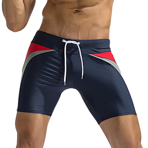 Elogoog Mens Swim Trunks Beach Shorts Active Sporty Square Leg Swimsuit Surfing Swimming Boxer Brief Swimwear (L, Blue)