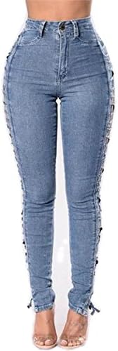 Women High Waist Hollow Out Skinny Denim Jeans Bandage Side Pencil Pants Full Length (L, Light Blue)