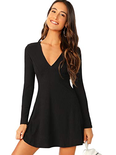 Verdusa Women's Elegant Deep V Neck Long Sleeve Ribbed Short Skater Dress - Image 4