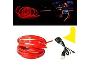 Maxlaxer El Wire Red Interior Car LED Strip Lights, 5M Neon Wire USB 5V with Fuse Protection for Automotive Interior Decoration, with 6mm Sewing Edge