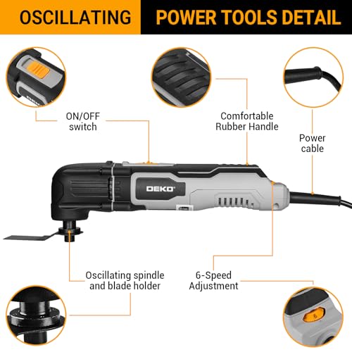 Utensile Multifunzione Oscillante: DEKOPRO 300W Strumento Oscillante Kit 3000-22000OPM Elettro Multiutensile a Fili, 6 Velocità Regolabili, 3° Angolo di Oscillazione, per Legno, Plastica e Metallo
