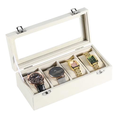 Frebeauty 4-Slot Watch Box,Velvet Watch Case with Glass Lid,Watch Organizer Box for Men and Women,Lockable Watch Storage,Watch Display Case,Ideal Gift(Beige)