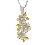 Sterling Silver with 14kt Yellow Gold Plated Accents 3 Plumeria Maile Synthetic CZ Vertical Bar Pendant Necklace, 16+2