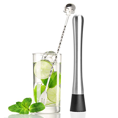 FOXAS Stainless Steel Cocktail Muddler and Skull Mixing Spoon Perfect Tool for Mojitos fruit drinks herbal teas