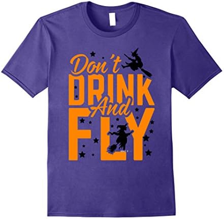 Mens Dont Drink And Fly Halloween TShirt Witch Bat Broomstick Tee Large Purple