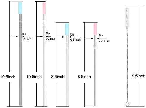 Stainless Steel Straws Set of 8 Reusable Drinking Straws for 30oz 20oz Tumbler 10.5’’ 8.5’’ Diameter 0.24’’ 0.31’’ with 8 Silicone Tips 2 Cleaning Brushes and Pouch(4 Bent 4 Straight) (8.5'' 10.5'')