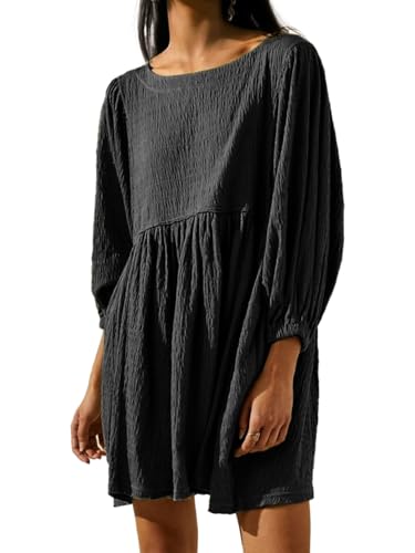 WOMENS BABYDOLL DRESS PUFF SLEEVE FLOWY SUMMER MINI DRESSES BLACK S