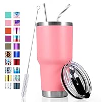 30oz Stainless Steel Insulated Pink Tumbler Travel Mug with Straw Slider Lid, Cleaning Brush, Double Wall Vacuum