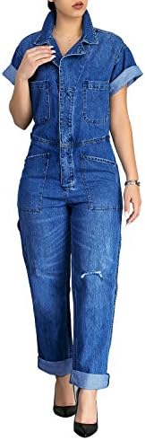 Azastar Women's Denim Short Sleeve Loose Button Down Jumpsuit Romper Jeans
