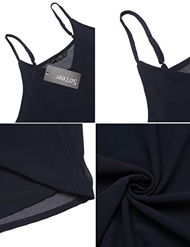 SUNAELIA Women Sleeveless Strap Tank Top Camisole Chiffon Summer V Neck Casual Solid Loose Blouse Shirts Navy Blue