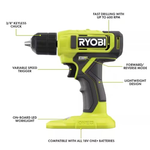 Drill Set Bundle with Ryobi 18V Cordless Drill, 1.5 Ah Lithium-ion Battery, 18-Volt Battery Charger, 40 Piece Multipurpose Drill Bits, and Buho 16 Inch Tool Bag with Outside Pockets