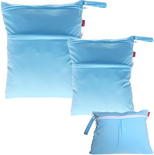 Damero 3pcs Pack Wet Dry Bag for Cloth Diapers Nappy Bag Daycare Organiser Bag, Light Blue