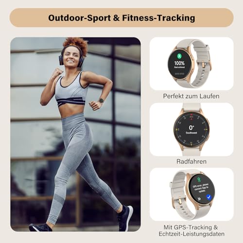QIPOPC Smartwatch Damen Gold mit Telefonfunktion, 1.32" AMOLED Display Elegant, Fitness Uhr mit Alexa & GPS, SpO2/Puls/Zyklustracking, 5ATM Wasserdicht, Schrittzähler Uhr für Android iOS
