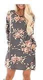ETCYY Women's Long Sleeve Floral Casual O Neck T-shirt Dress With Pocket,Dark Gray,Large