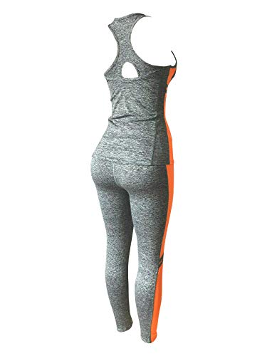 Women Sports Gym Yoga Workout Activewear Sets 2 Pieces Top+Leggings Set (M/L, Grey/Orange Touch) - Thumbnail 3