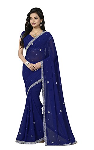 IndianAttire Navyblue Women's Wedding Stone Beads Diamond work Saree Sari - Handwork