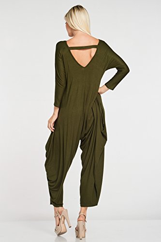 Annabelle Women's Long Sleeve Comfy Harem Jumpsuit Romper With Pockets Olive Small 8002 - Thumbnail 3