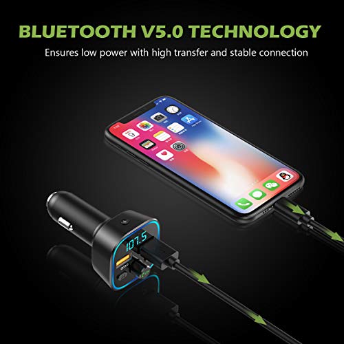 [2019 New] Bluetooth V5.0 FM Transmitter for Car, KeeKit Wireless Car Radio Adapter with Quick Charge 3.0, 7 Color RGB LED Backlit, Music Player Supports TF Card, USB Disk, Hands Free Car Kit - Black - Thumbnail 2