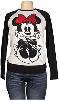 Minnie Mouse Sweater - Officially Licensed Disney White Minnie Mouse Juniors Crewneck Pullover Sweater (Large)