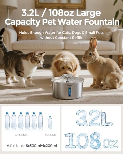 Fontaine a Eau Chat, Fontaine à Eau pour Chat INOX 3,2L avec Bec en Forme de Fleur - Idéale pour Chats et Petits Chiens, Inclut 4 Filtres et Fenêtre de Niveau d'eau