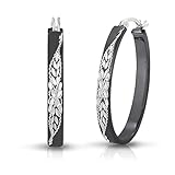 Sterling Silver Diamond-cut Engraved Oval Flat Black Hoop Earring (1.2 Inch)