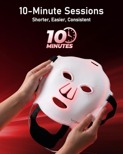 Umitec Zone Craft LED Face Mask, Red Light Therapy Mask, Four Modes Three Levels, Remote Control 10 Minutes, 4000mAh, Storage Bag, Eye Pads, Gift for Wife, Girls(White)